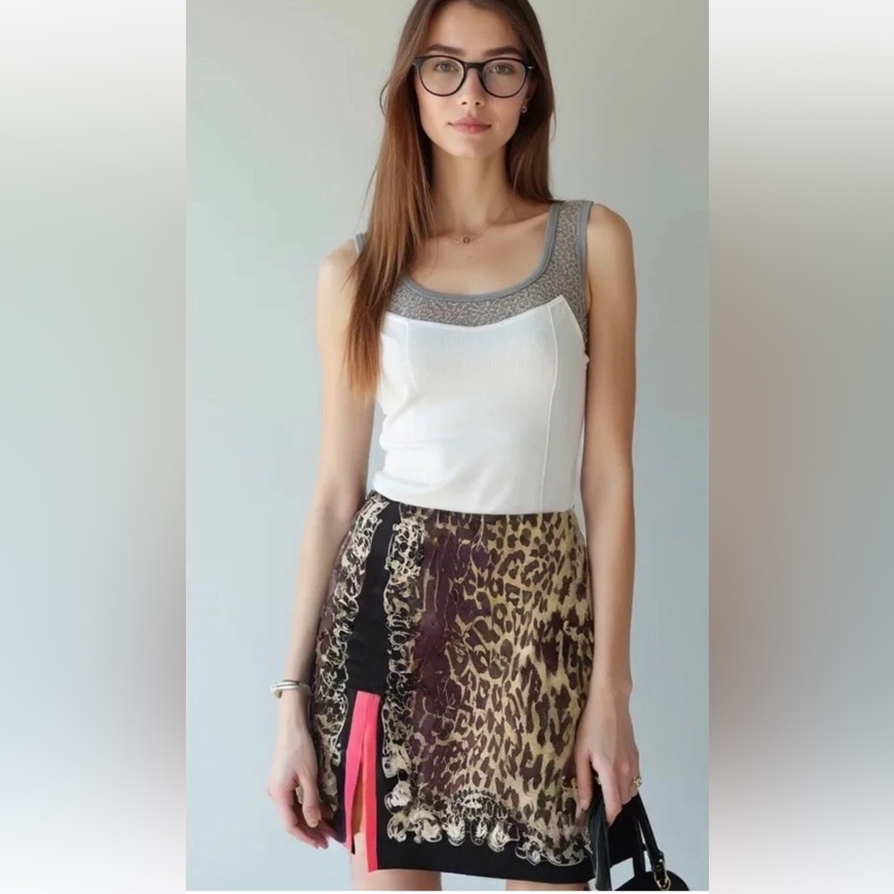 Elie Tahari Leopard Print Skirt with Black and Pink Accents
